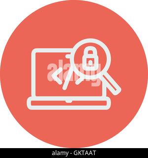 Laptop and magnifying glass looking for security lock thin line icon Stock Vector