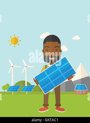 African man holding a solar panel. Stock Vector