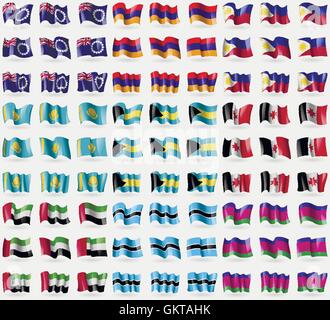 Cook islands, Armenia, Philippines, Kazakhstan, Bahamas, Udmurtia, United Arab Emirates, Botswana, Kuban Republic. Big set of 81 flags. Vector Stock Vector