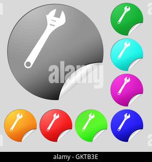 wrench icon sign. Set of eight multi colored round buttons, stickers. Vector Stock Vector