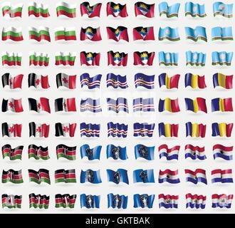 Bulgaria, Antigua and Barbuda, Sakha Republic, Udmurtia, Cape Verde, Romania, Kenya, Marianna Islands, Paraguay. Big set of 81 flags. Vector Stock Vector