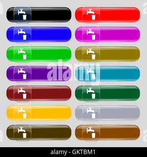 faucet, glass, water icon sign. Set from fourteen multi-colored glass buttons with place for text. Vector Stock Vector