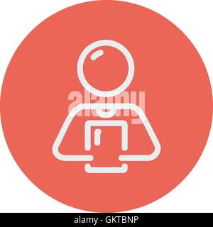 Man holding touch screen tablet thin line icon Stock Vector