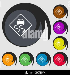 Road slippery icon sign. Symbol on eight colored buttons. Vector Stock Vector