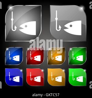 Fishing icon sign. Set of ten colorful buttons with glare. Vector Stock Vector