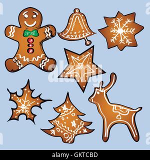 Gingerbread set with blue background. Vector Stock Vector