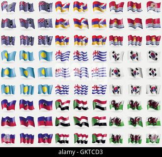 British Indian Ocean Territory, Karabakh Republic, Kiribati, Palau, Ajaria, South Korea, Haiti, Sudan, Wales. Big set of 81 flag Stock Vector