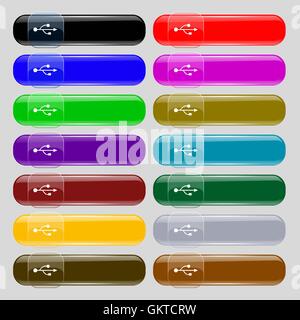 USB icon sign. Set from fourteen multi-colored glass buttons with place for text. Vector Stock Vector
