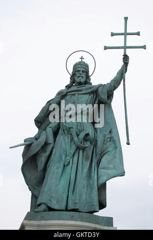King Stephen I of Hungary. Statue by Hungarian sculptor Gyorgy Zala on the Millennium Monument in the Heroes Square in Budapest, Hungary. Stock Photo