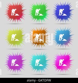 repair of road, construction work icon sign. A set of nine original needle buttons. Vector Stock Vector