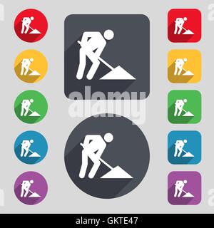 repair of road, construction work icon sign. A set of 12 colored buttons and a long shadow. Flat design. Vector Stock Vector