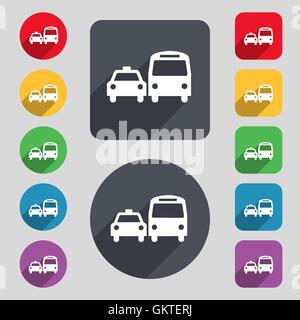 taxi icon sign. A set of 12 colored buttons and a long shadow. Flat design. Vector Stock Vector