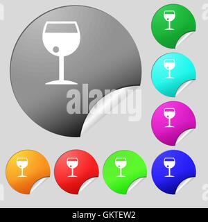 glass of wine icon sign. Set of eight multi colored round buttons, stickers. Vector Stock Vector