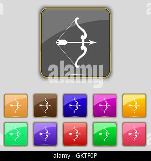 bow and arrow icon sign. Set with eleven colored buttons for your site. Vector Stock Vector