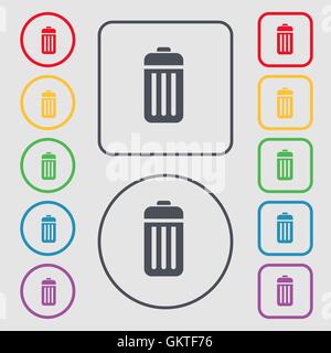 The trash icon sign. symbol on the Round and square buttons with frame. Vector Stock Vector