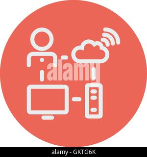 Male office worker with computer set and wifi thin line icon Stock Vector
