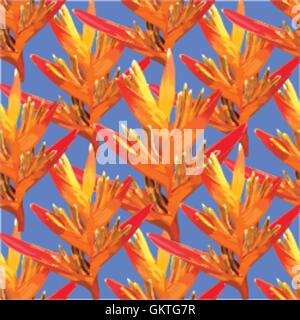 Heliconia colorful seamless flower on a blue backgroud. Stock Vector