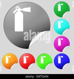 extinguisher icon sign. Set of eight multi colored round buttons, stickers. Vector Stock Vector