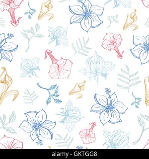 Vector Exotic Florals Drawing Seamless Pattern Stock Vector
