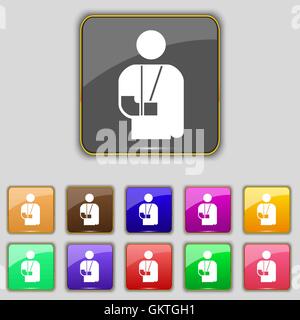 broken arm, disability icon sign. Set with eleven colored buttons for your site. Vector Stock Vector