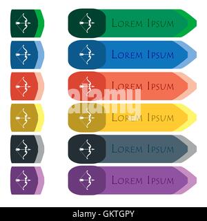 bow and arrow icon sign. Set of colorful, bright long buttons with additional small modules. Flat design Stock Vector