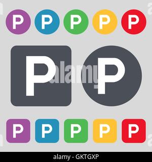 parking icon sign. A set of 12 colored buttons. Flat design. Vector Stock Vector