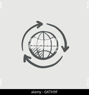 Globe with arrow sketch icon.