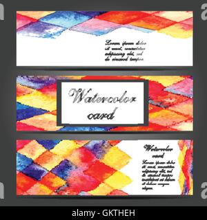 Three vector business cards template with hand painted watercolor brush strokes backgrounds and splatters Stock Vector