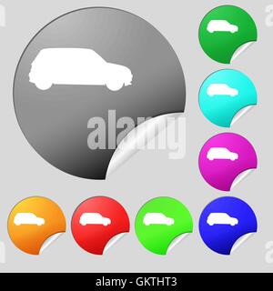 Jeep icon sign. Set of eight multi colored round buttons, stickers. Vector Stock Vector