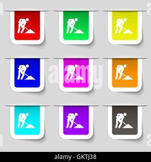 repair of road, construction work icon sign. Set of multicolored modern labels for your design. Vector Stock Vector