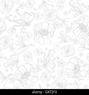 Vector Gray Drawing Tropical Flowers Seamless Pattern Stock Vector