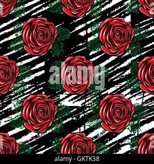 seamless romantic rose flower ,spring floral with stripes vector pattern background Stock Vector