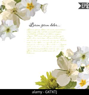 Floral invitation card with beautiful spring flowers and banner style. Perfect for wedding, greeting or invitation design. Stock Vector