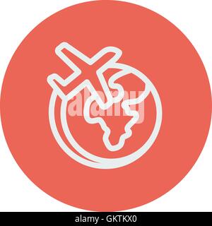 Airplane flying around the world thin line icon Stock Vector
