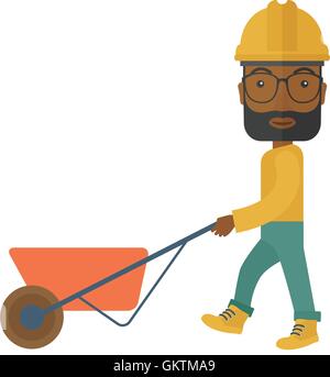 Black Gardener pushing a wheelbarrow. Stock Vector