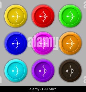 bow and arrow icon sign. symbol on nine round colourful buttons. Vector Stock Vector