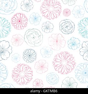 Vector Pink Blue Lineart Flowers Heads Seamless Pattern Stock Vector