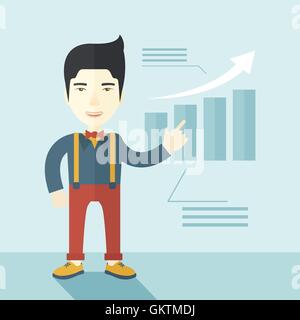 Japanese guy viewing company sales. Stock Vector