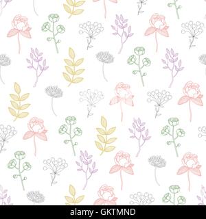 Vector Colorful Growing Plants Line Art Seamless Pattern Stock Vector