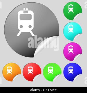 train icon sign. Set of eight multi colored round buttons, stickers. Vector Stock Vector