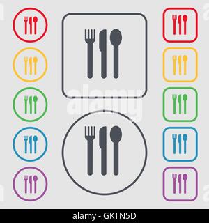 fork, knife, spoon icon sign. symbol on the Round and square buttons with frame. Vector Stock Vector