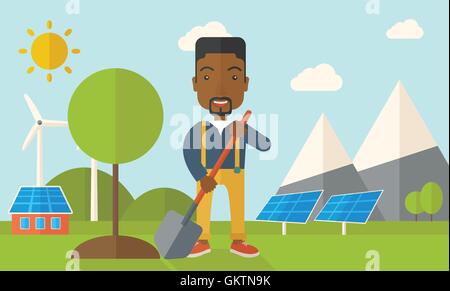 African gardener plant a tree. Stock Vector