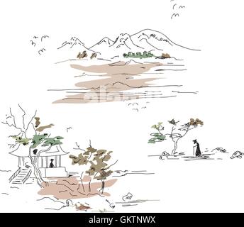 Mountain landscape in Japanese style Stock Vector