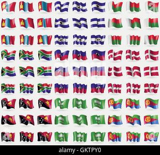 Mongolia, El Salvador, Madagascar, South Africa, Haiti, Denmark, Papua New Guinea, Saudi Arabia, Eritrea. Big set of 81 flags. V Stock Vector