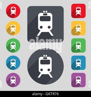 train icon sign. A set of 12 colored buttons and a long shadow. Flat design. Vector Stock Vector