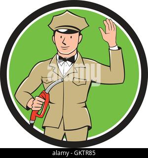 Gas Jockey Attendant Waving Circle Cartoon Stock Vector