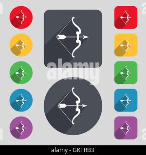 bow and arrow icon sign. A set of 12 colored buttons and a long shadow. Flat design. Vector Stock Vector