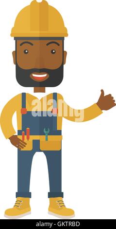 Illustration of a happy carpenter wearing hard hat and overalls Stock Vector