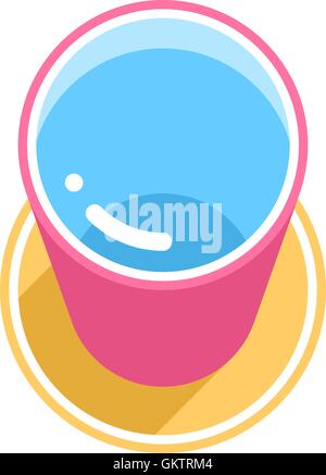 Pink bucket with clean water with long shadow on yellow circle icon on white background in 3d flat style. Stock Vector