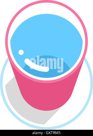 Pink bucket with clean water with gray long shadow on circle icon with blue stroke on white background in 3d flat style. Stock Vector